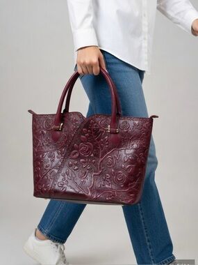 Pijushi Satchel Handbag Deep Red Burgundy Floral Embossed Leather